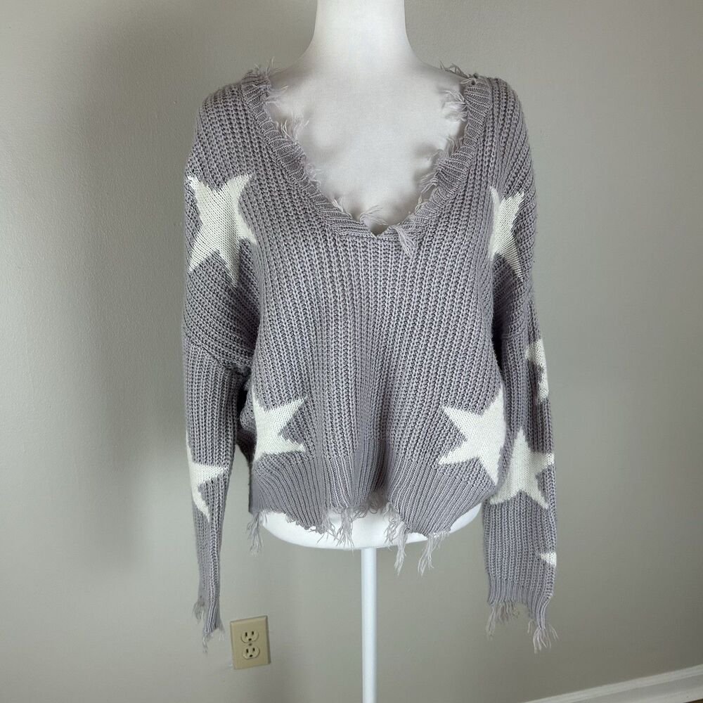Just Polly M Distressed Sweater Star Purple Knit V-neck Pullover Fringe Grunge